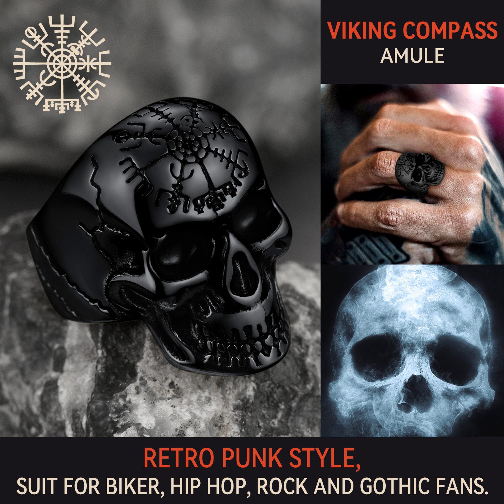 Stainless Steel Biker Punk Compass Skull Ring for Men