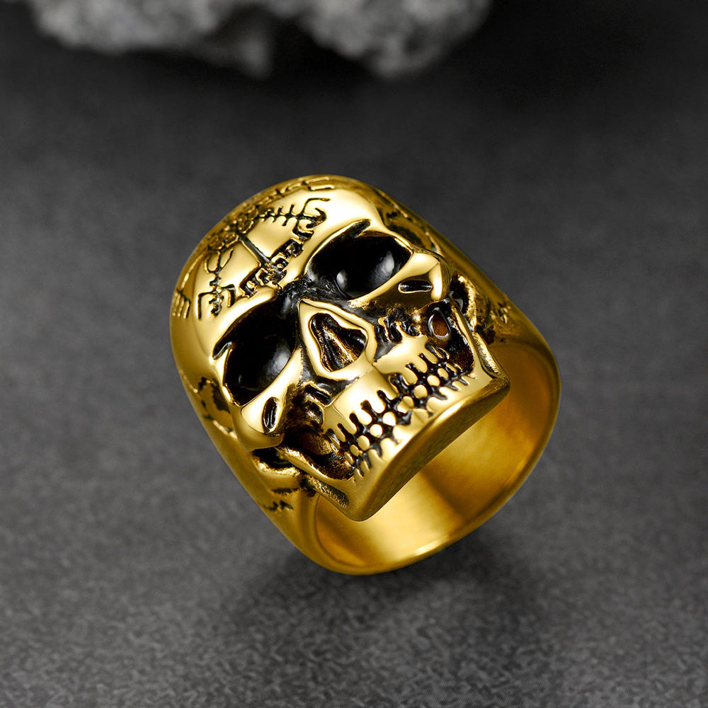 Stainless Steel Biker Punk Compass Skull Ring for Men