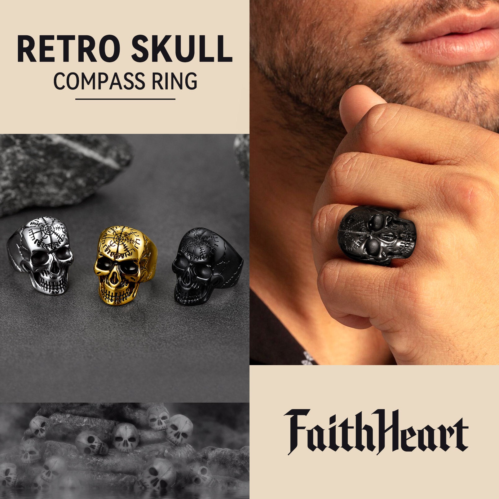 Stainless Steel Biker Punk Compass Skull Ring for Men