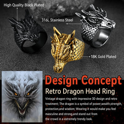 Punk Dragon Head Stainless Steel Ring for Men