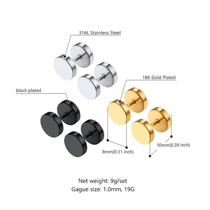 Punk Round Plug Stud Earrings Set For Men 3 Pairs