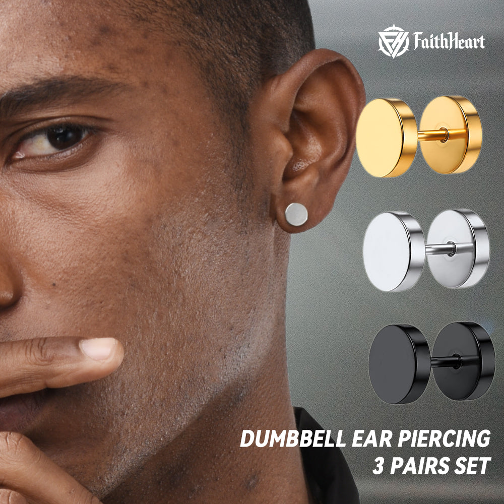 Punk Round Plug Stud Earrings Set For Men 3 Pairs