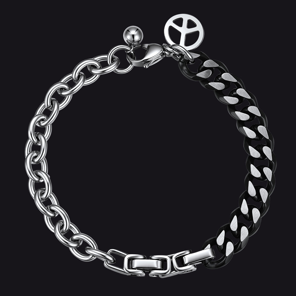 Punk Gothic Cyberpunk Y2K Half Black Half Silver Curb Chain Bracelet for Men