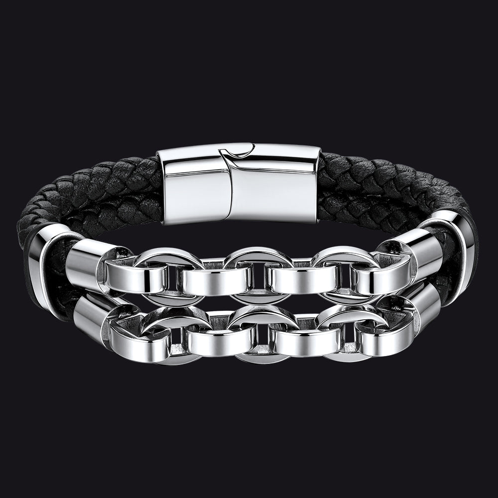 Punk Gothic Leather Bracelet Double-Row Stainless Steel Chain Bangle for Men