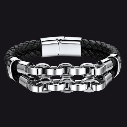 Punk Gothic Leather Bracelet Double-Row Stainless Steel Chain Bangle for Men
