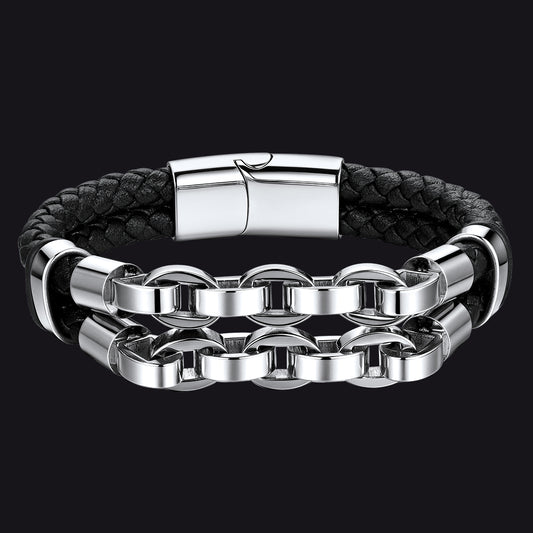 Punk Gothic Leather Bracelet Double-Row Stainless Steel Chain Bangle for Menimg