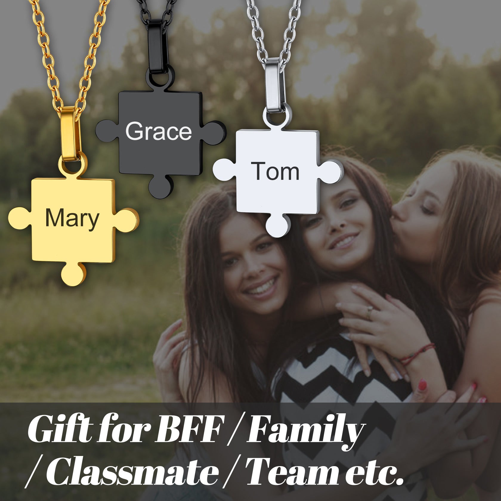 Puzzle Matching Necklace Personalized Names Pendant Set for Couple Family Friends