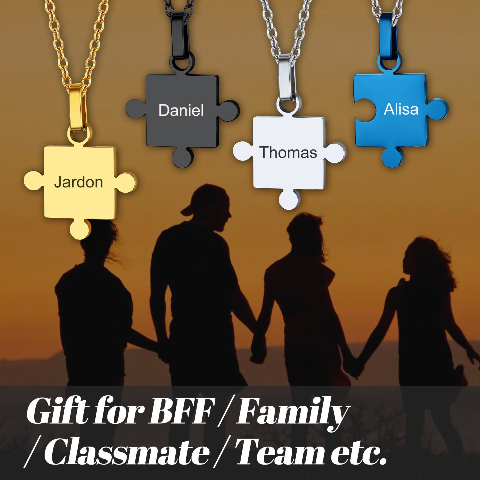 Puzzle Matching Necklace Personalized Names Pendant Set for Couple Family Friends