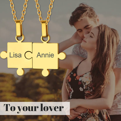 Puzzle Matching Necklace Personalized Names Pendant Set for Couple Family Friends