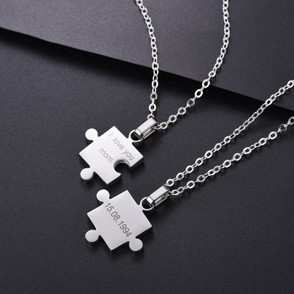 Puzzle Matching Necklace Personalized Names Pendant Set for Couple Family Friends