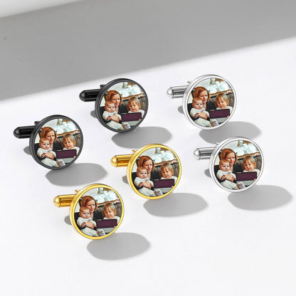 Set of round cufflinks with multiple images on a light gray background