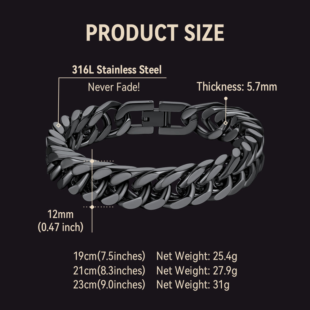 Black chain bracelet with measurements on a black background