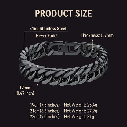 Black chain bracelet with measurements on a black background