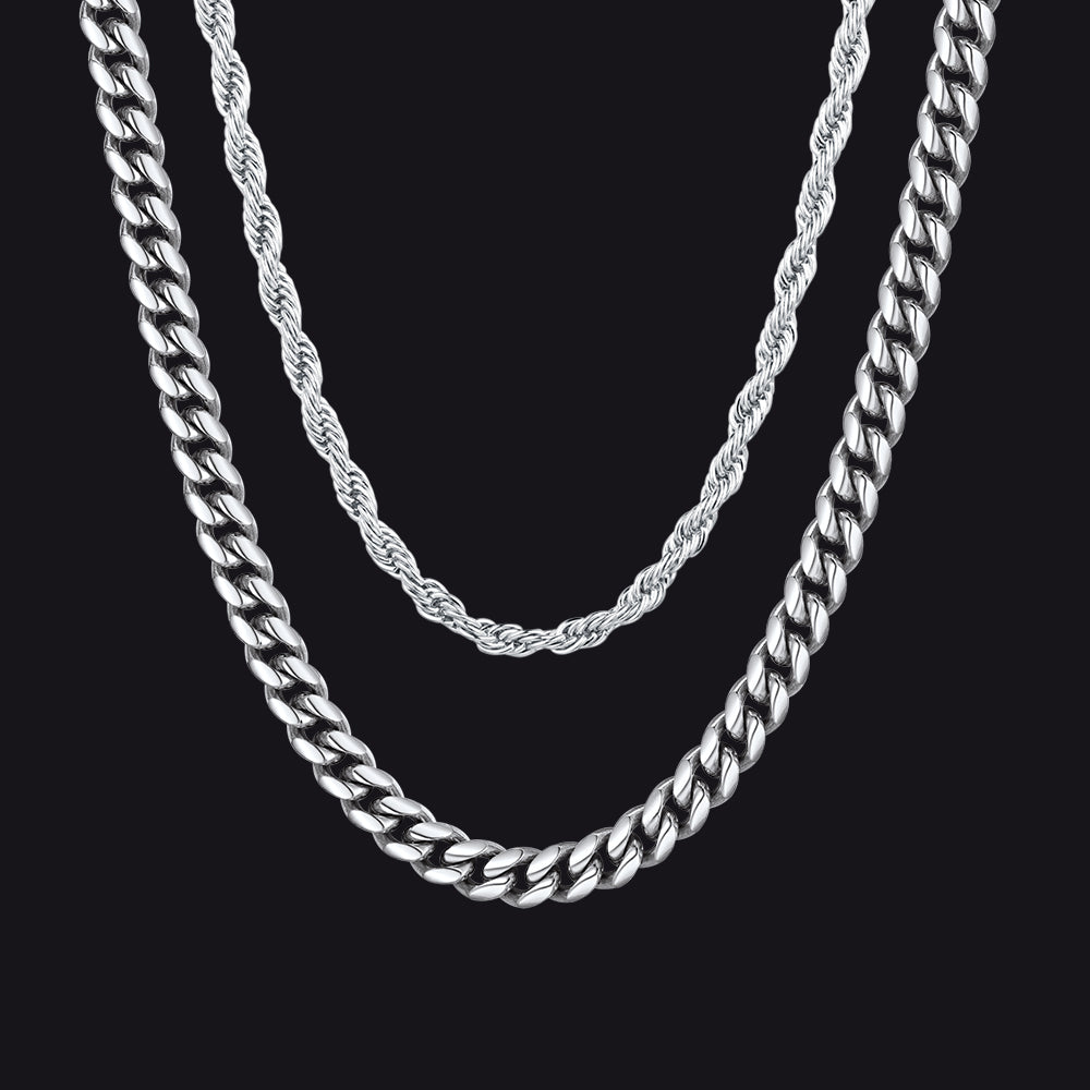 3MM Twisted Rope & 6MM Miami Cuban Chain Set for Men – Steel Finish
