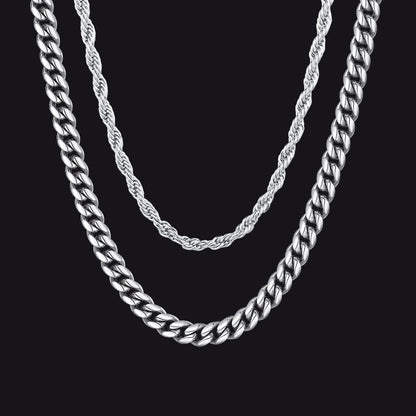 3MM Twisted Rope & 6MM Miami Cuban Chain Set for Men – Steel Finish