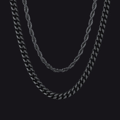 3MM Twisted Rope & 6MM Miami Cuban Chain Set for Men – Black Finish