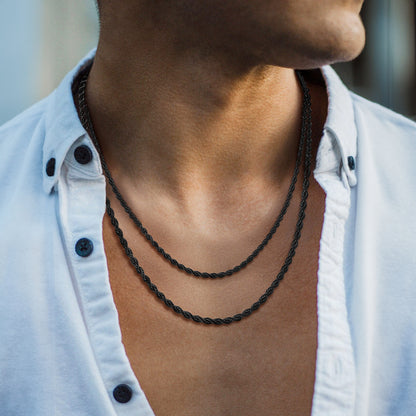 Person wearing 3MM & 6MM Layered Twisted Rope Link Chain Necklace Set 