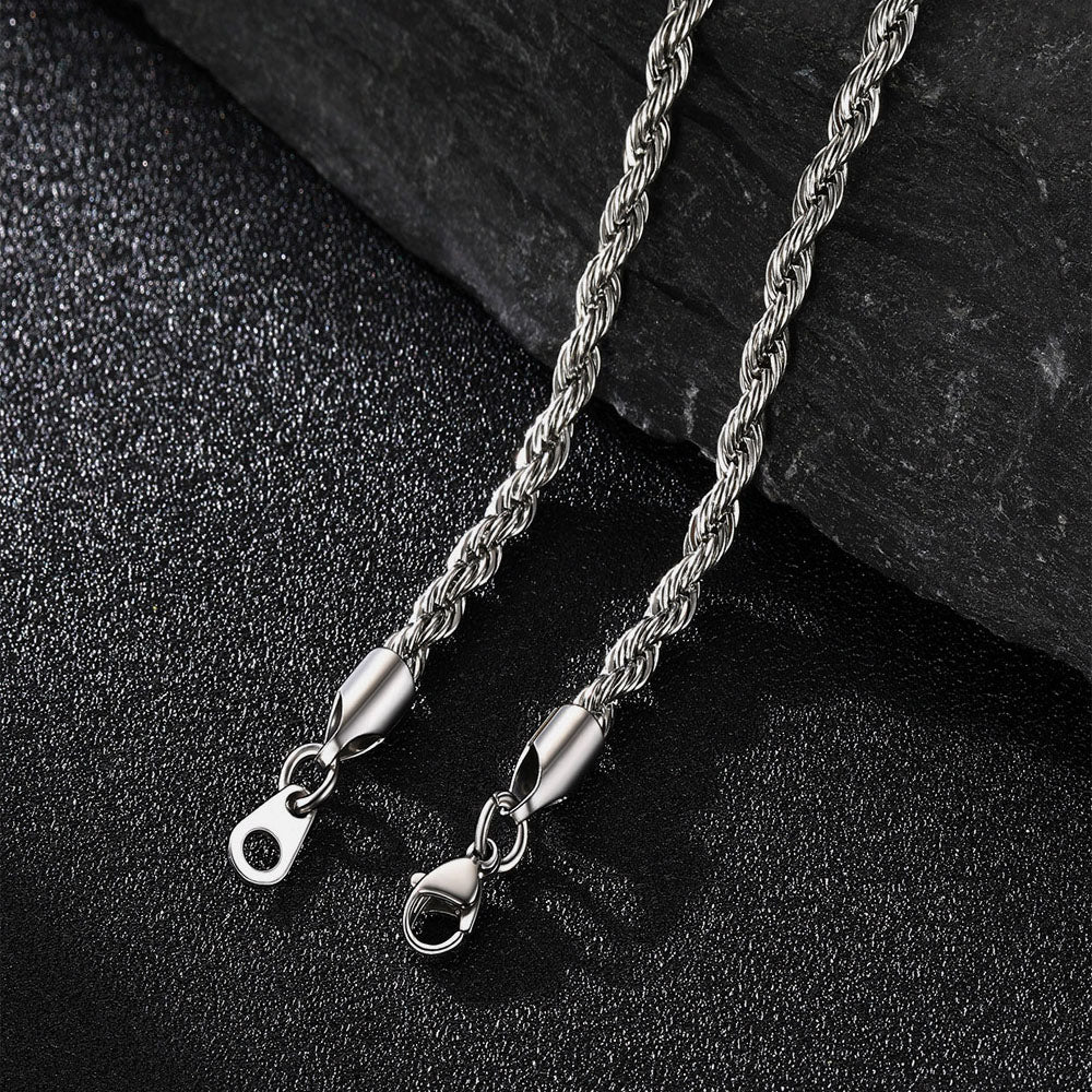 3mm and 6mm twisted rope chain necklace with lobster clasp detail