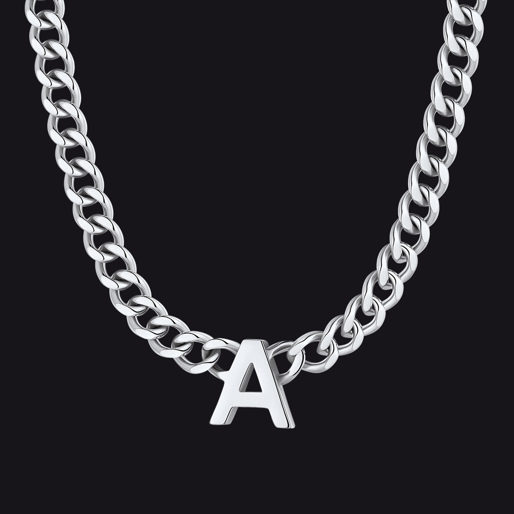 Silver Cuban link initial A necklace ¨C chunky A letter chain choker