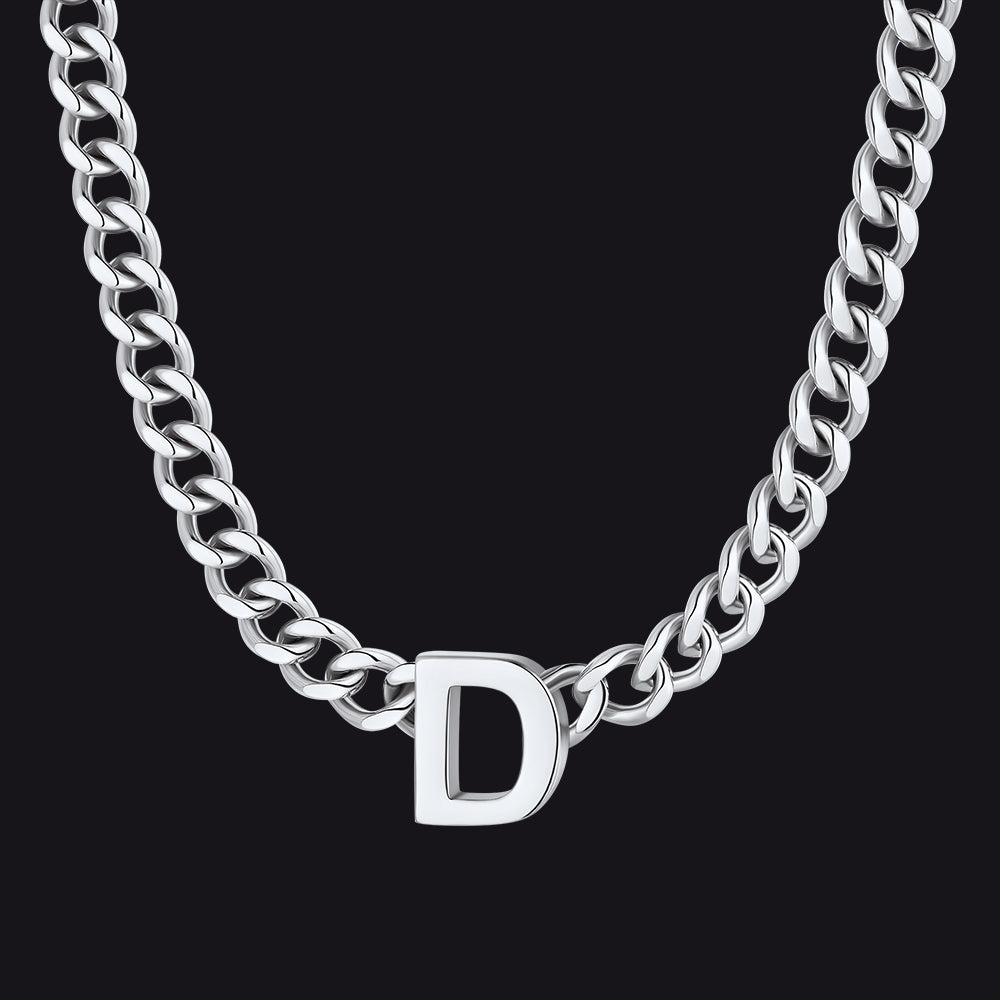 Silver Cuban link initial D necklace ¨C thick silver chain with D pendant