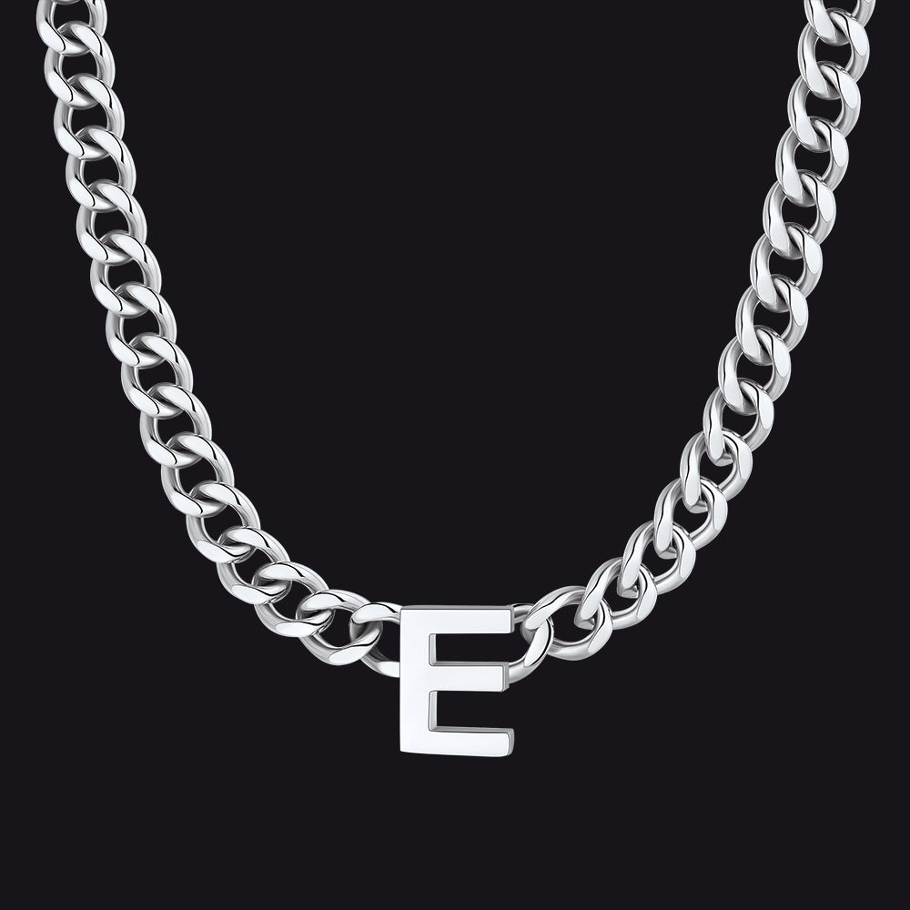 Silver Cuban link initial E necklace ¨C silver E charm Cuban necklace