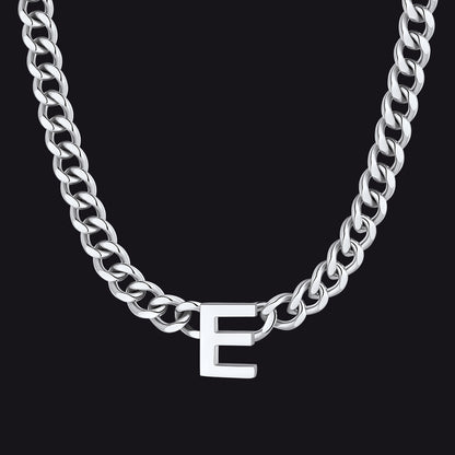 Silver Cuban link initial E necklace ¨C silver E charm Cuban necklace