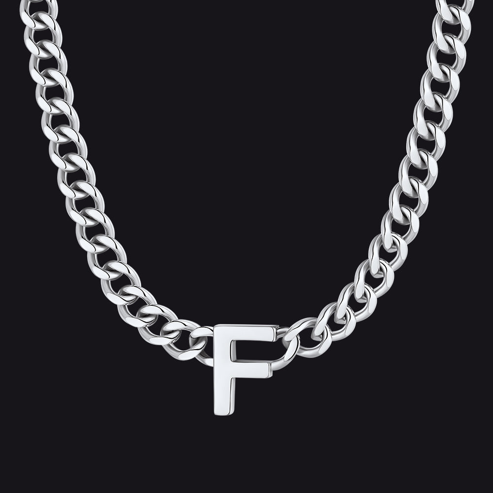 Silver Cuban link initial F necklace ¨C bold F letter on silver curb chain