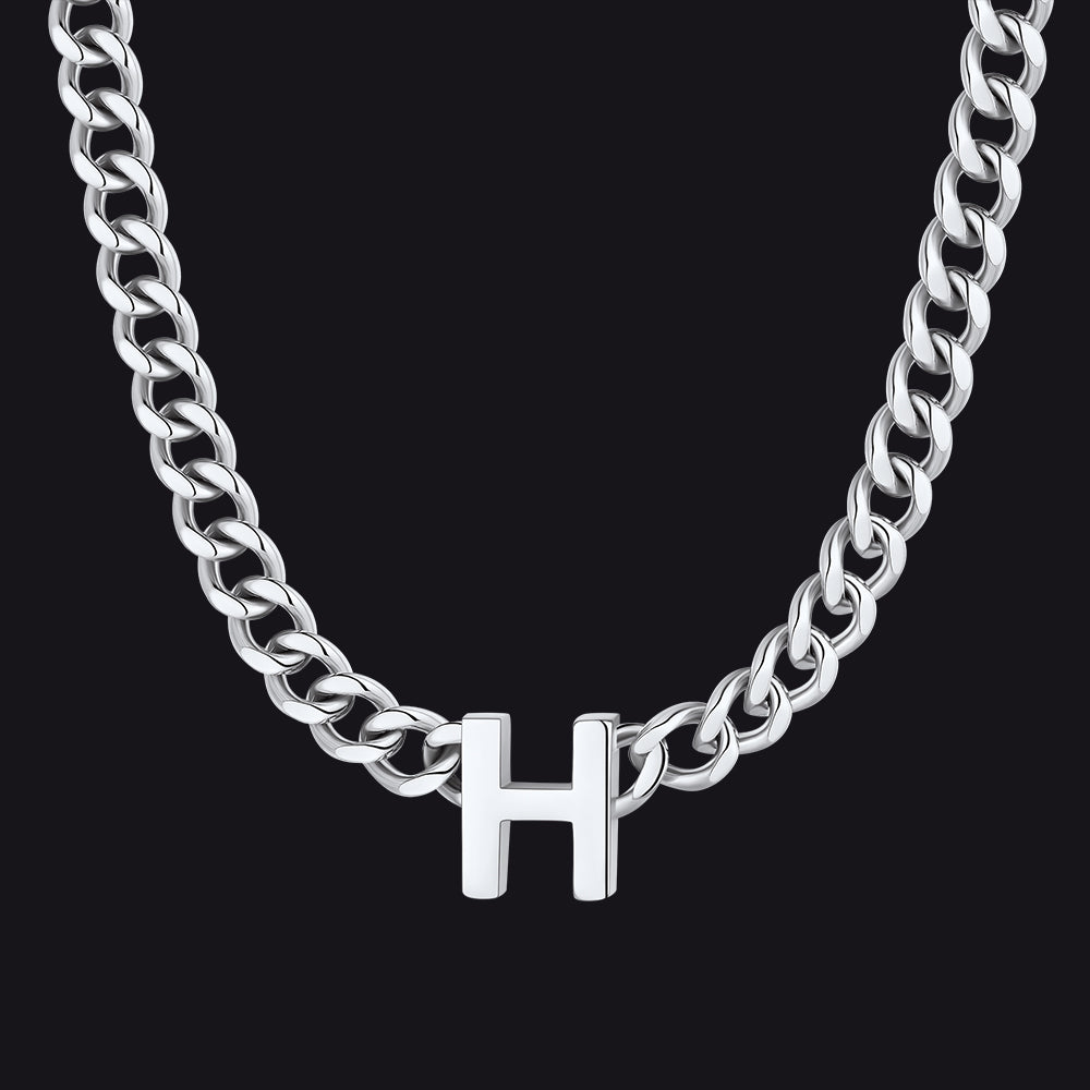 Silver Cuban link initial H necklace ¨C silver H charm on Cuban chain