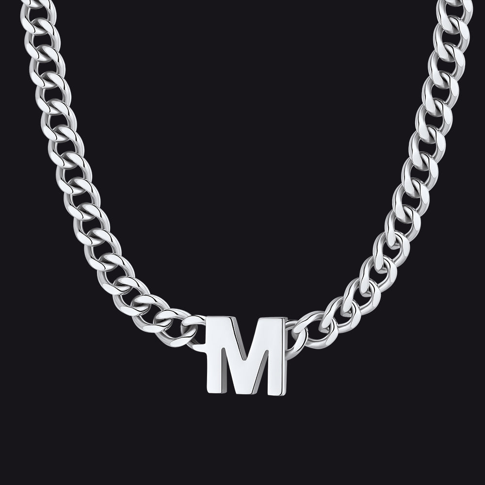 Silver Cuban link initial M necklace ¨C M charm necklace in silver finish