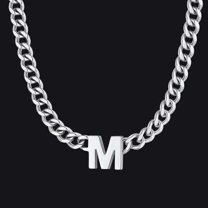 Silver Cuban link initial M necklace ¨C M charm necklace in silver finish