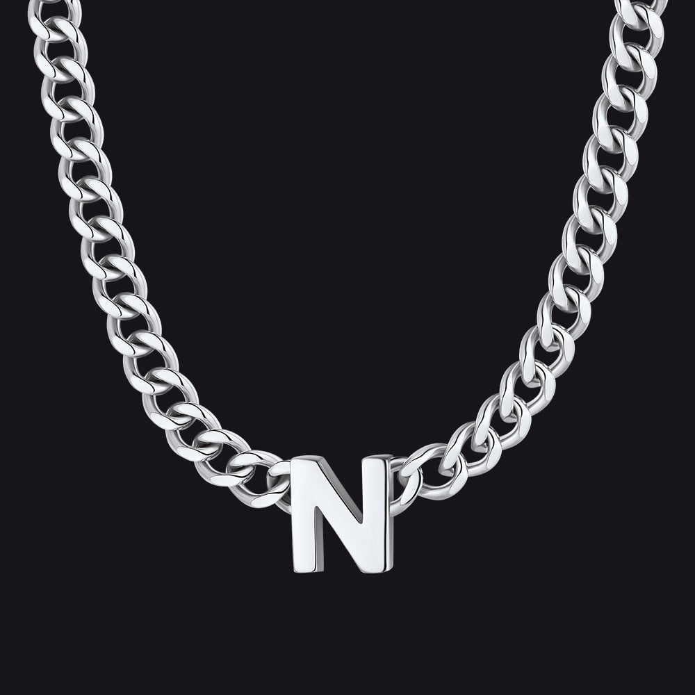 Silver Cuban link initial N necklace ¨C N pendant on chunky silver chain