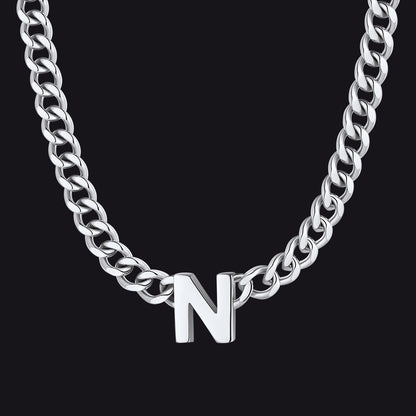 Silver Cuban link initial N necklace ¨C N pendant on chunky silver chain