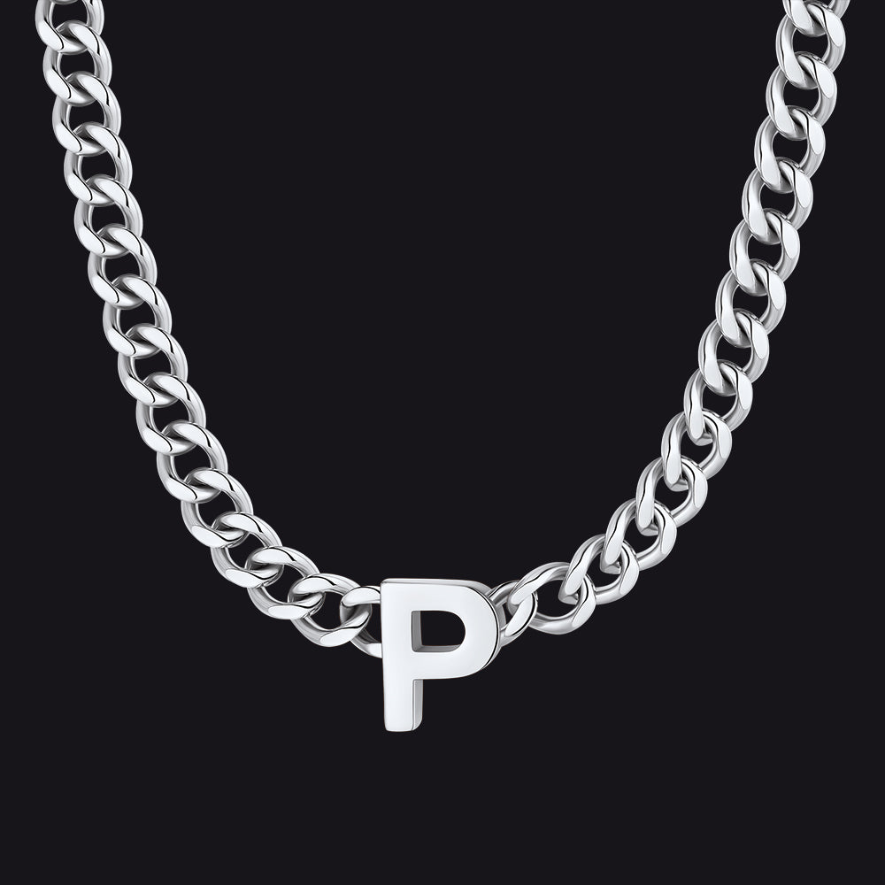 Silver Cuban link initial P necklace ¨C silver chain with bold P charm