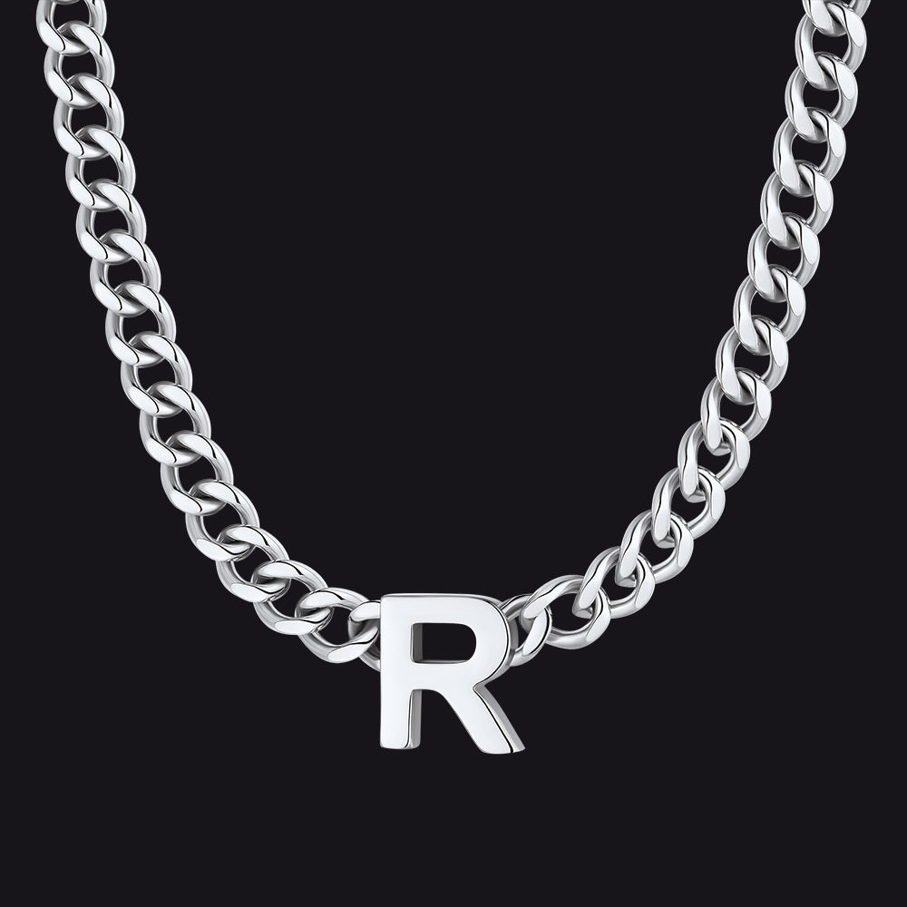 Silver Cuban link initial R necklace ¨C R initial curb chain choker
