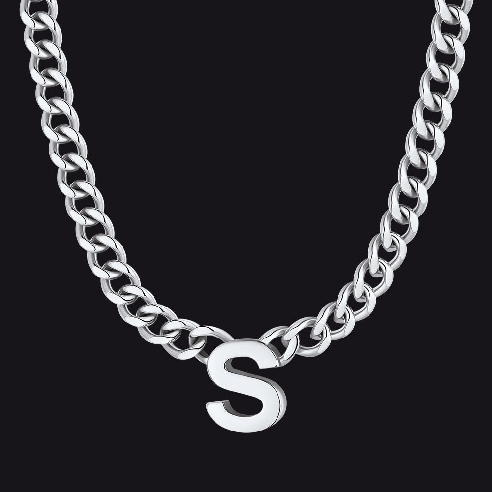 Silver Cuban link initial S necklace ¨C S charm Cuban necklace in silver