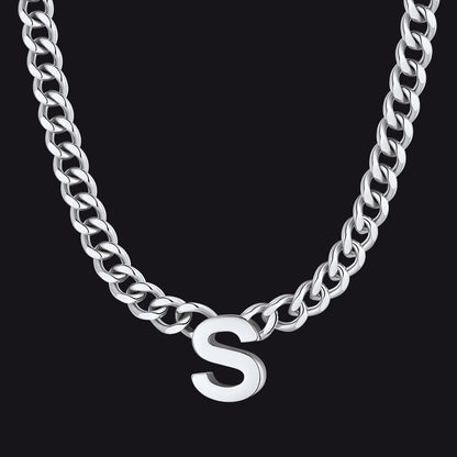 Silver Cuban link initial S necklace ¨C S charm Cuban necklace in silver