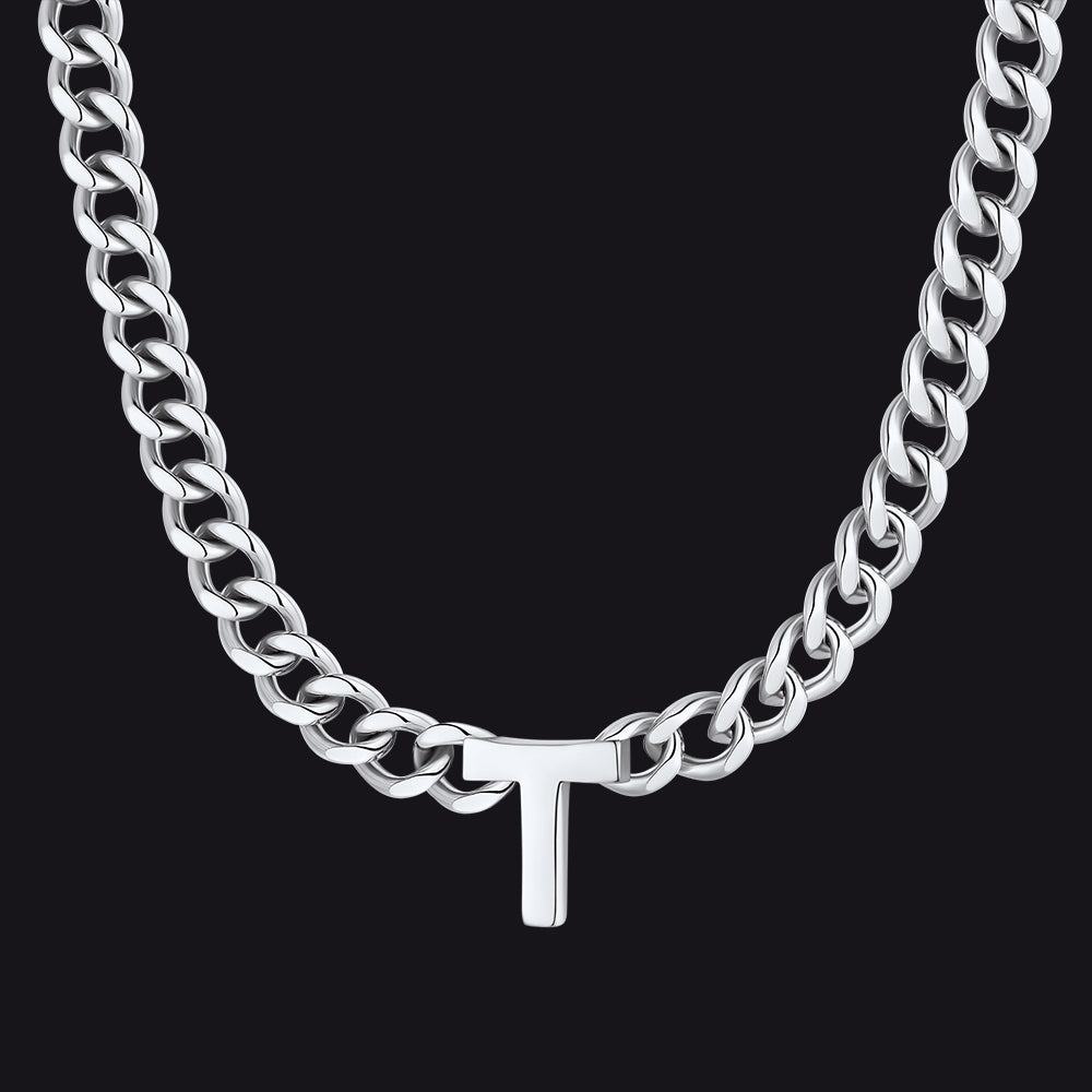 Silver Cuban link initial T necklace ¨C silver T pendant choker chain