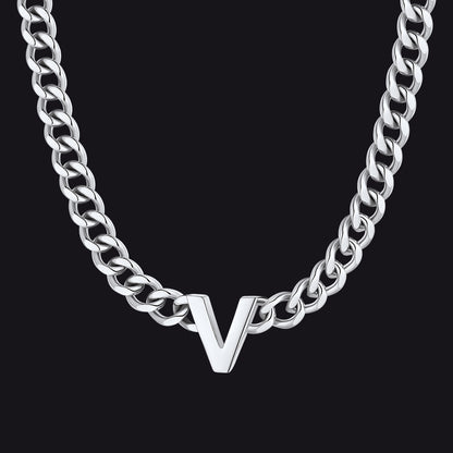 Silver Cuban link initial V necklace ¨C silver letter V Cuban link choker