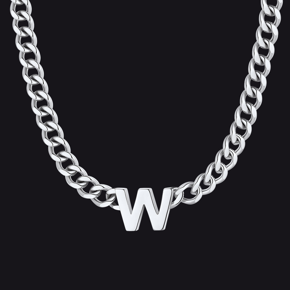 Silver Cuban link initial W necklace ¨C bold W charm silver chain