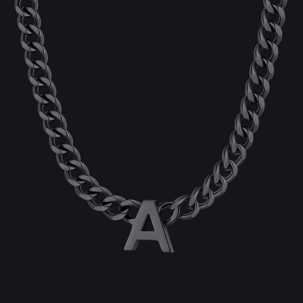 Black Cuban link initial A necklace ¨C black A charm on curb choker