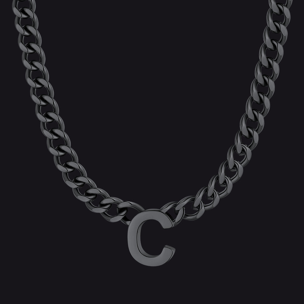 Black Cuban link initial C necklace ¨C C pendant necklace in matte black