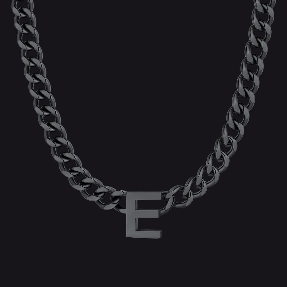 Black Cuban link initial E necklace ¨C black Cuban chain with E charm