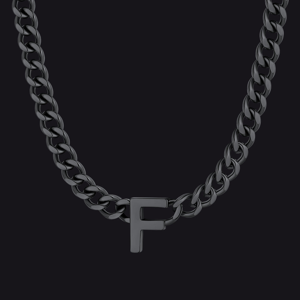 Black Cuban link initial F necklace ¨C black F letter choker for men