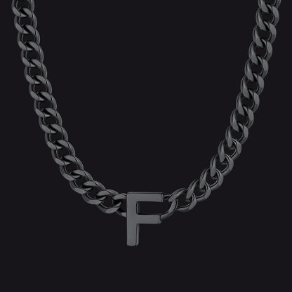 Black Cuban link initial F necklace ¨C black F letter choker for men