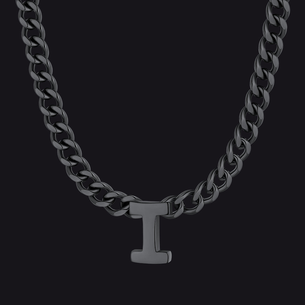 Black Cuban link initial I necklace ¨C black I charm necklace unisex