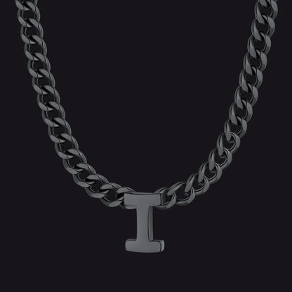 Black Cuban link initial I necklace ¨C black I charm necklace unisex