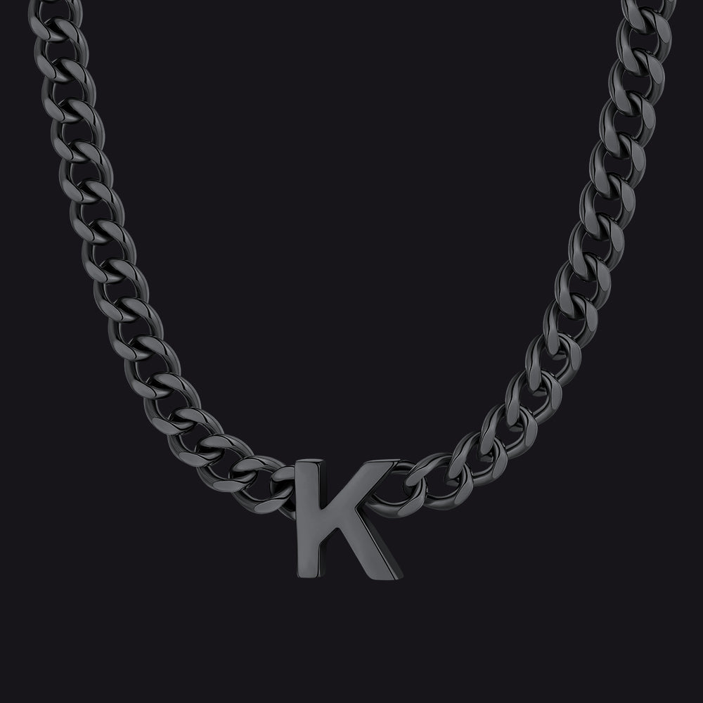 Black Cuban link initial K necklace ¨C black K pendant Cuban necklace