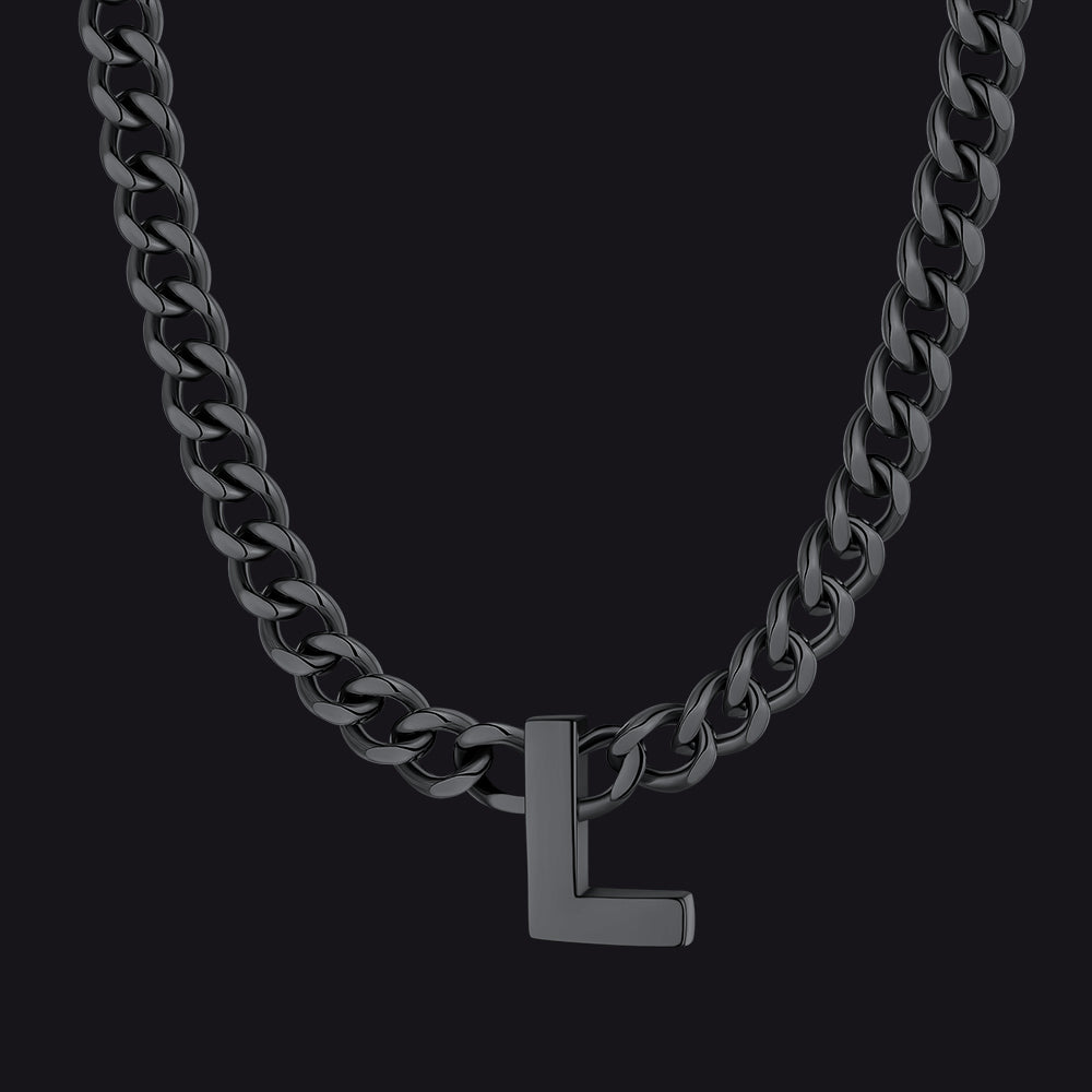Black Cuban link initial L necklace ¨C matte black L letter chain choker