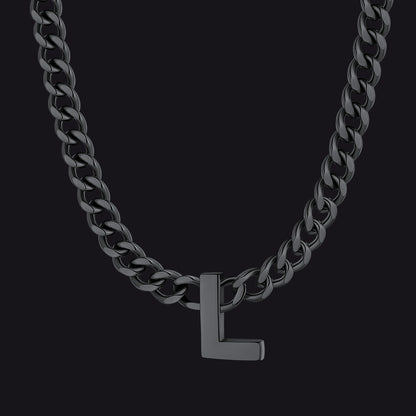 Black Cuban link initial L necklace ¨C matte black L letter chain choker