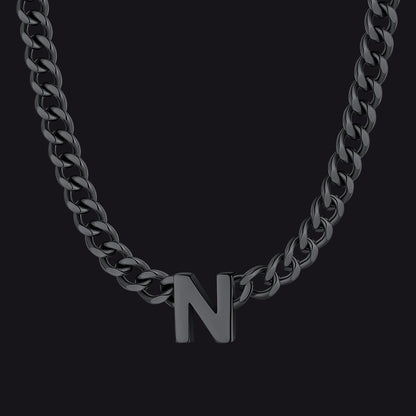 Black Cuban link initial N necklace ¨C heavy N necklace in black steel